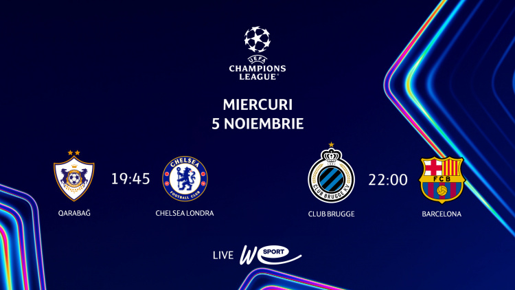 Liga Campionilor revine pe micile ecrane. Qarabag - Chelsea și Club Brugge - Barcelona în direct la WE SPORT TV
