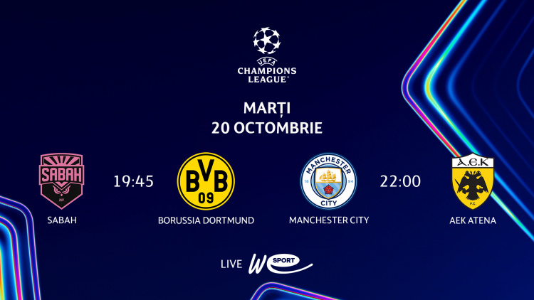 LIVE 19:45 și 22:00. Liga Campionilor. Sabah – Borussia Dortmund și Manchester City – AEK Atena în direct la WE SPORT TV