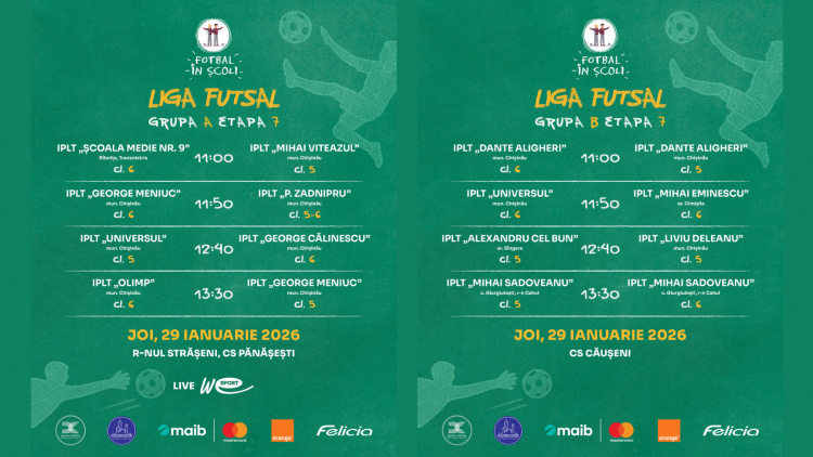 LIVE. Fotbal în Școli – Liga Futsal, ediția 2025/2026. Programul meciurilor din 29 ianuarie